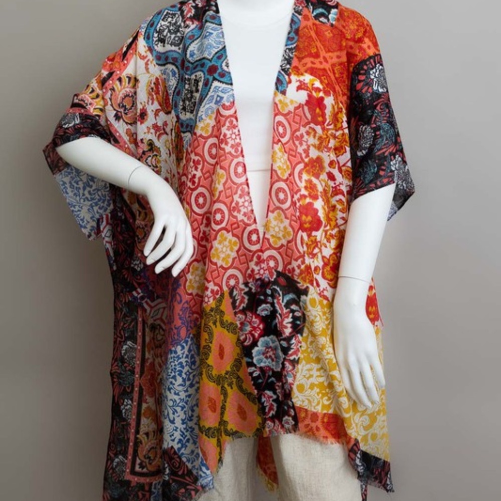 Boho Colorful Floral Patchwork Open Front Cover up Kimono - Picture 8 of 8